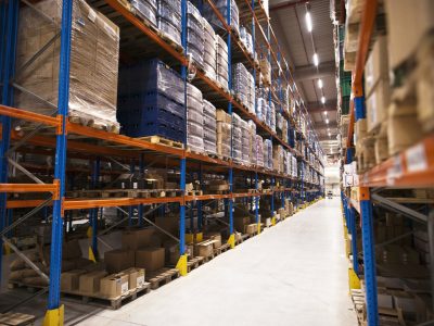 Interior of large distribution warehouse with shelves stacked with palettes and goods ready for the market.